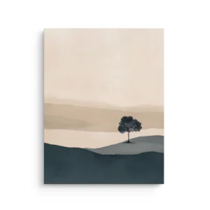 Minimal Japandi landscape thin canvas with a lone tree on layered misty hills, neutral beige sky and deep teal foreground
