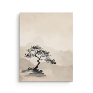 Sumi e ink bonsai tree in misty mountains on warm beige background thin canvas wall art