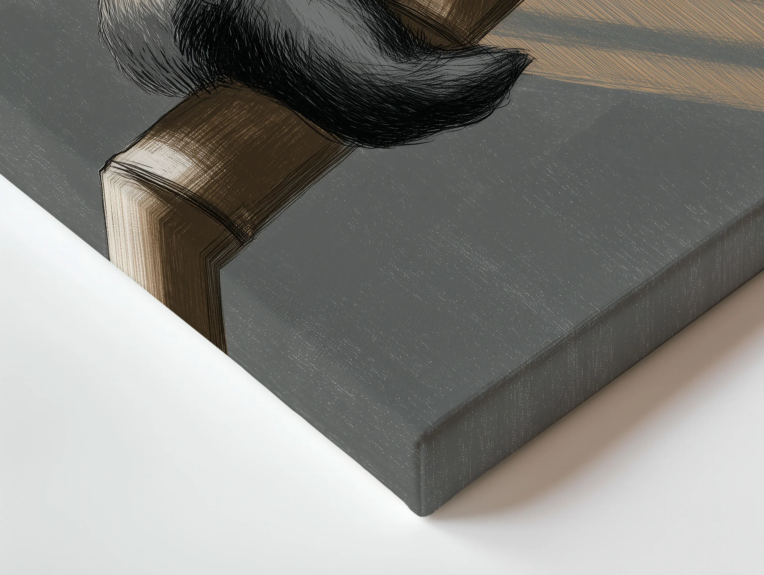 Close-up of thin canvas edge showing warm neutral texture with bamboo branch and panda illustration detail on a slim premium canvas profile.