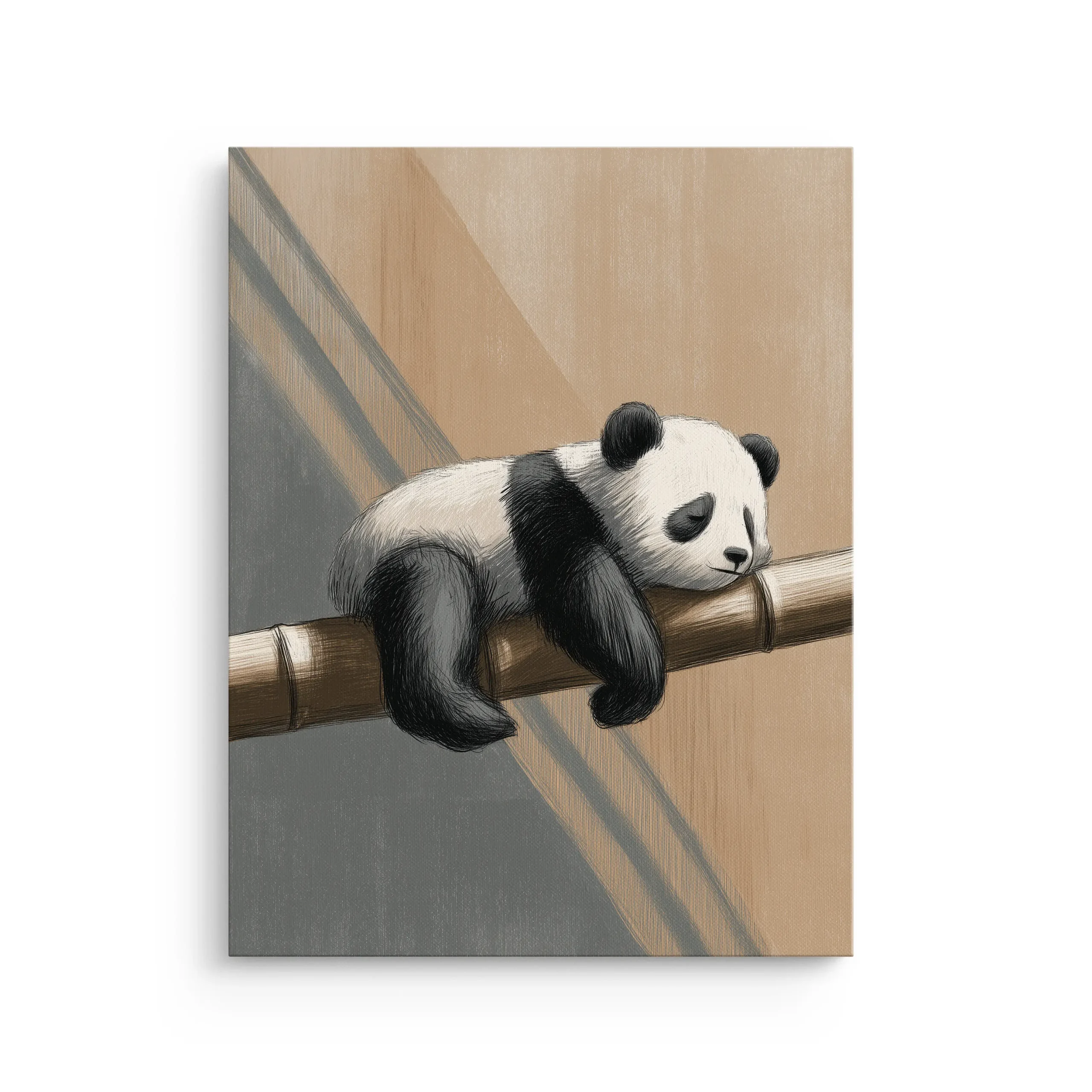 Japandi panda wall art of a sleepy panda resting on a bamboo branch with warm beige and charcoal geometric shadows on premium thin canvas.