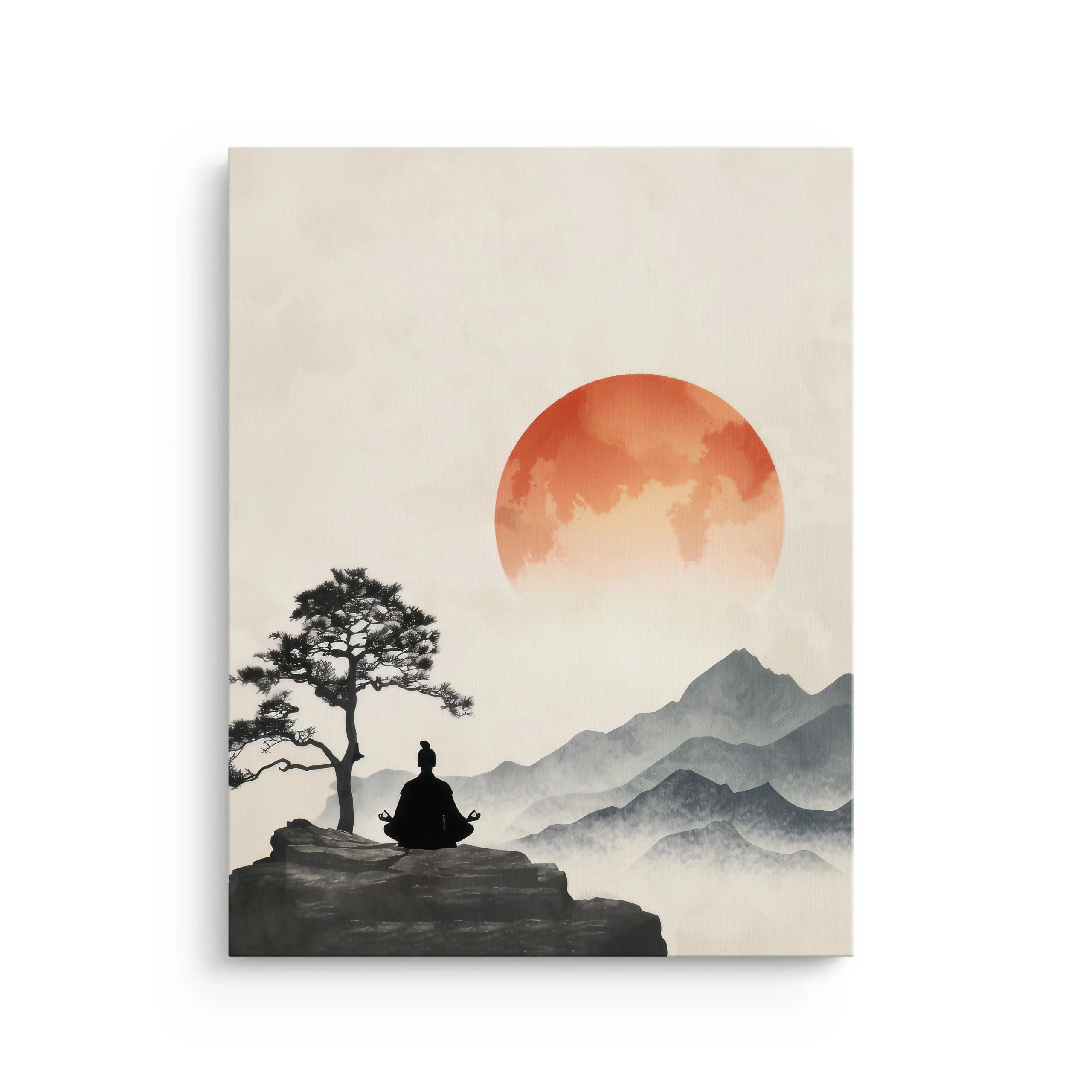 Meditating figure on a rocky cliff beside a lone pine with misty mountains and a warm red sun, Japanese ink-wash Japandi thin canvas wall art.