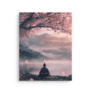Samurai sitting by a misty lake under pink cherry blossoms with falling petals thin canvas wall art