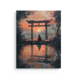 Japanese torii gate at sunset with autumn trees and water reflection, thin canvas wall art
