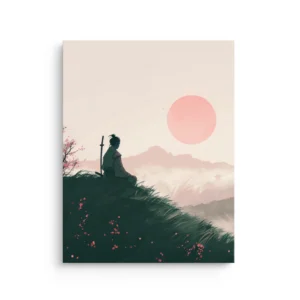 Zen samurai sitting on hill with pink sun and misty mountains, japandi thin canvas wall art