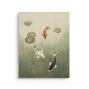 Three koi fish in a calm green pond with lily pads, printed on a premium thin canvas for Japandi and Zen décor.