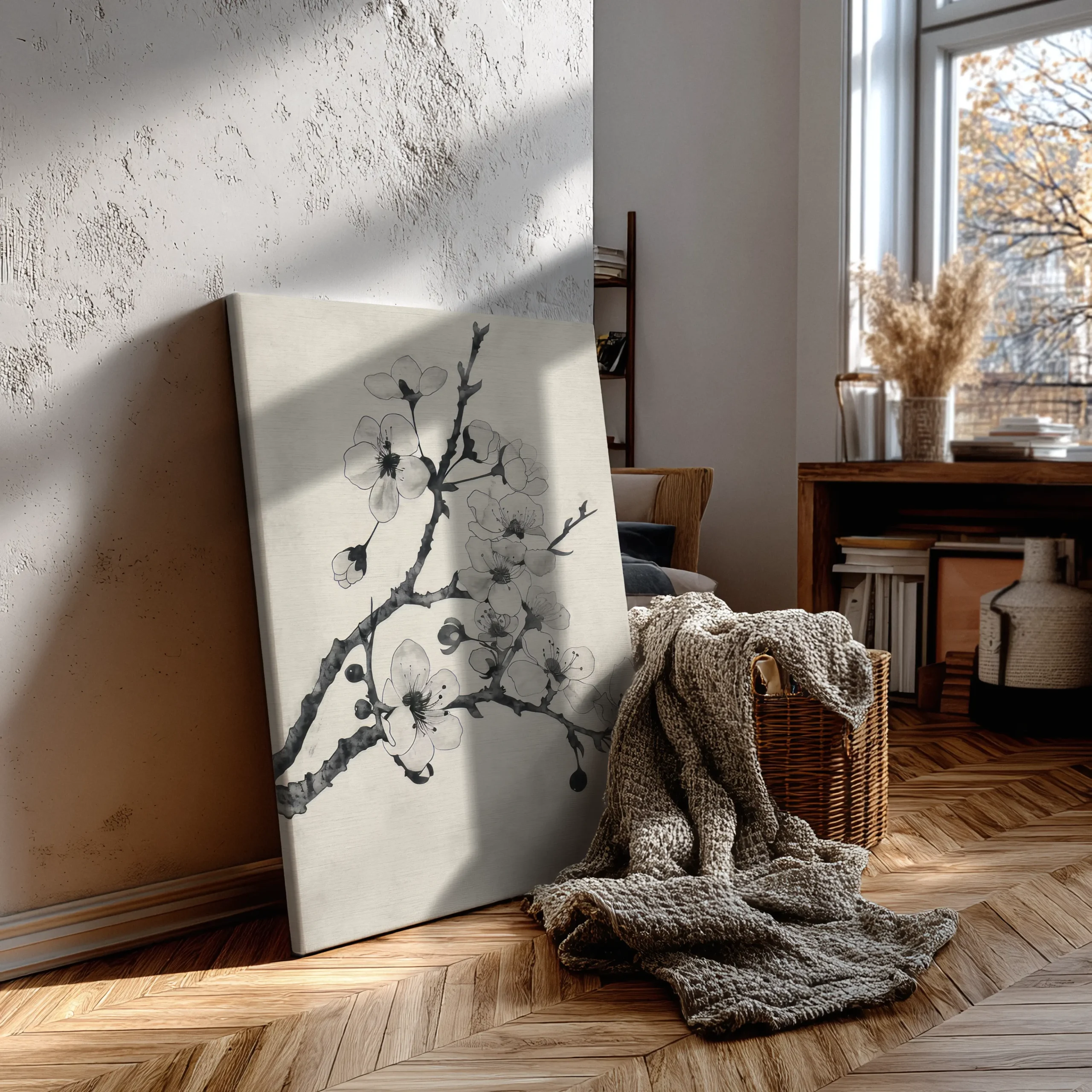 Ink-Wash Cherry Blossoms sumi-e floral ink thin canvas wall art leaning in cozy bedroom, Japandi minimalist decor in neutral tones