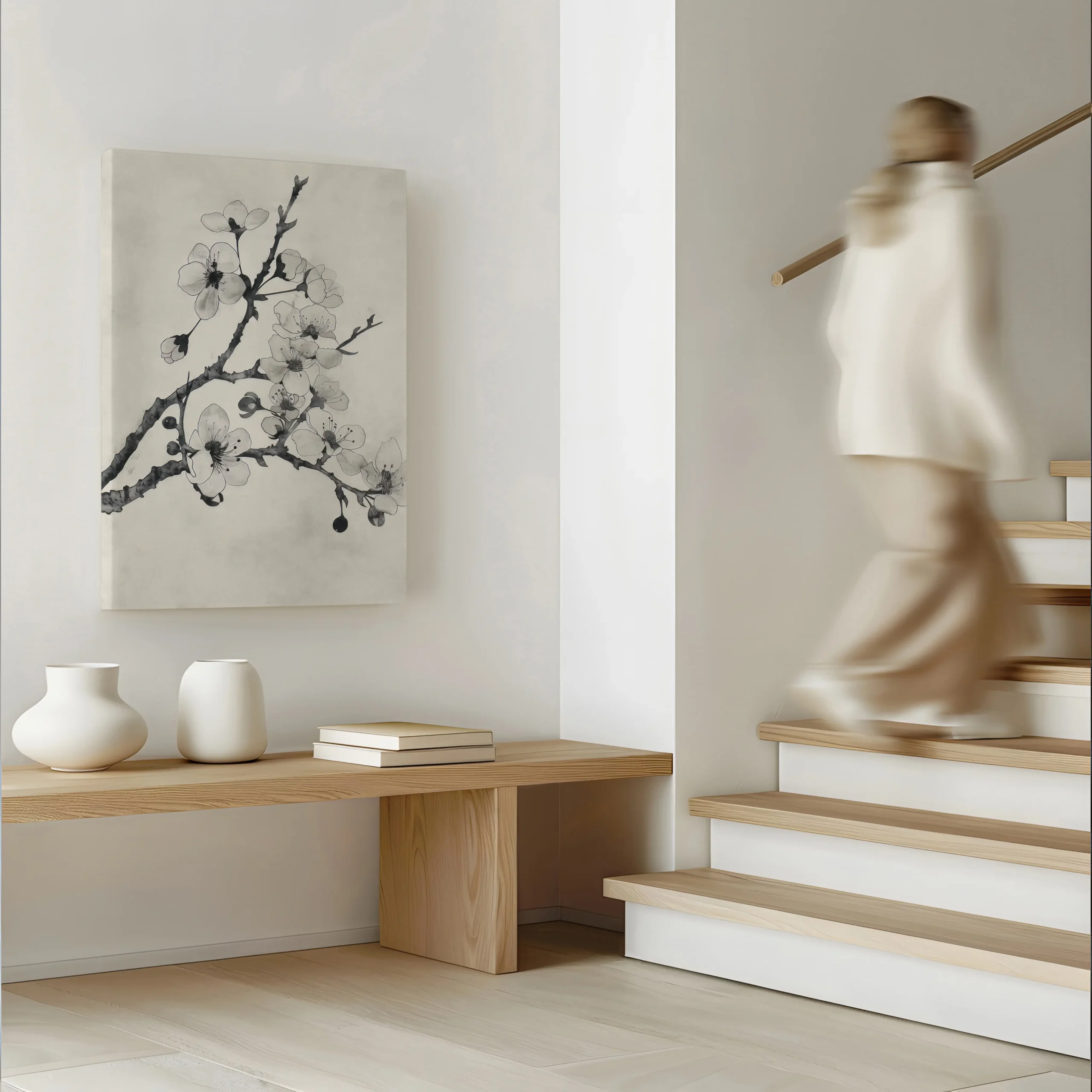 Ink-Wash Cherry Blossoms sumi-e floral ink thin canvas wall art in modern hallway by staircase, Japandi minimalist cherry blossom decor