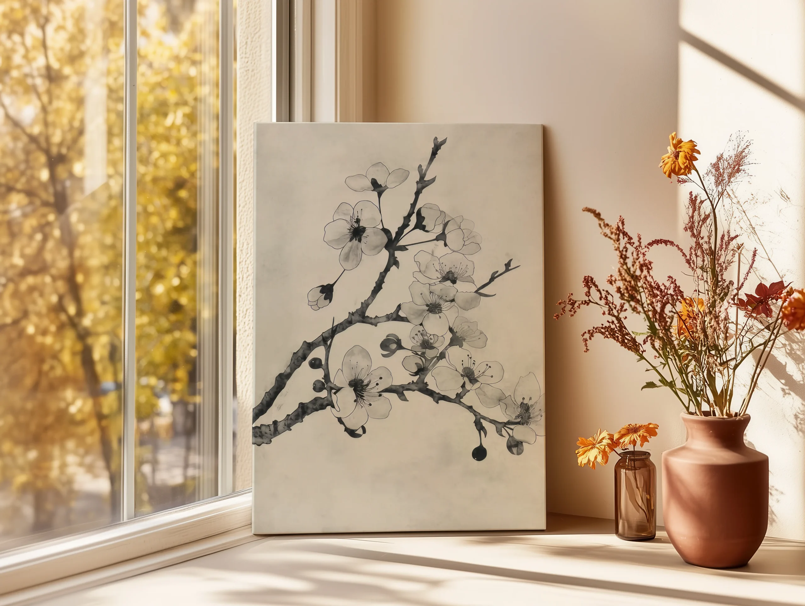 Ink-Wash Cherry Blossoms sumi-e floral ink thin canvas wall art on windowsill in sunlit living room, minimalist cherry blossom decor