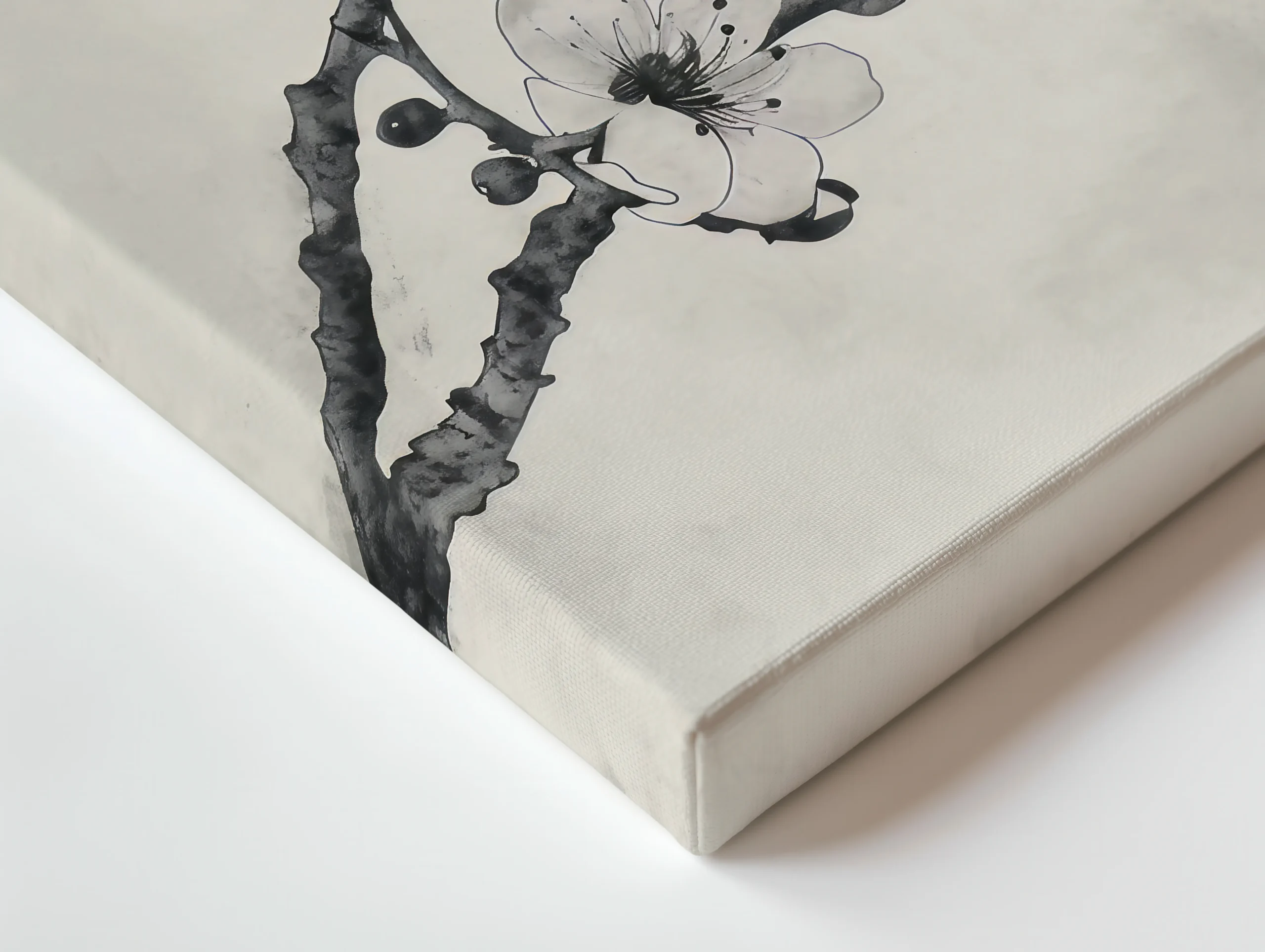 Close up of Ink-Wash Cherry Blossoms thin canvas print texture, sumi-e floral ink cherry blossom branch detail on neutral background