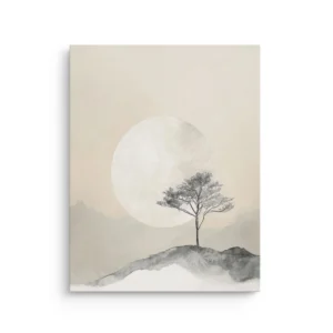 Minimal Japandi ink wash moon and lone tree over misty mountains thin canvas wall art