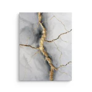 White and grey marble abstract with bold kintsugi gold cracks, Japandi thin canvas wall art.