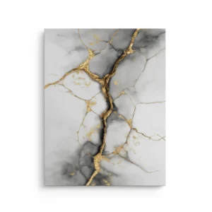 Grey marble kintsugi design with gold cracks on a minimalist thin canvas wall art, Japandi modern decor.