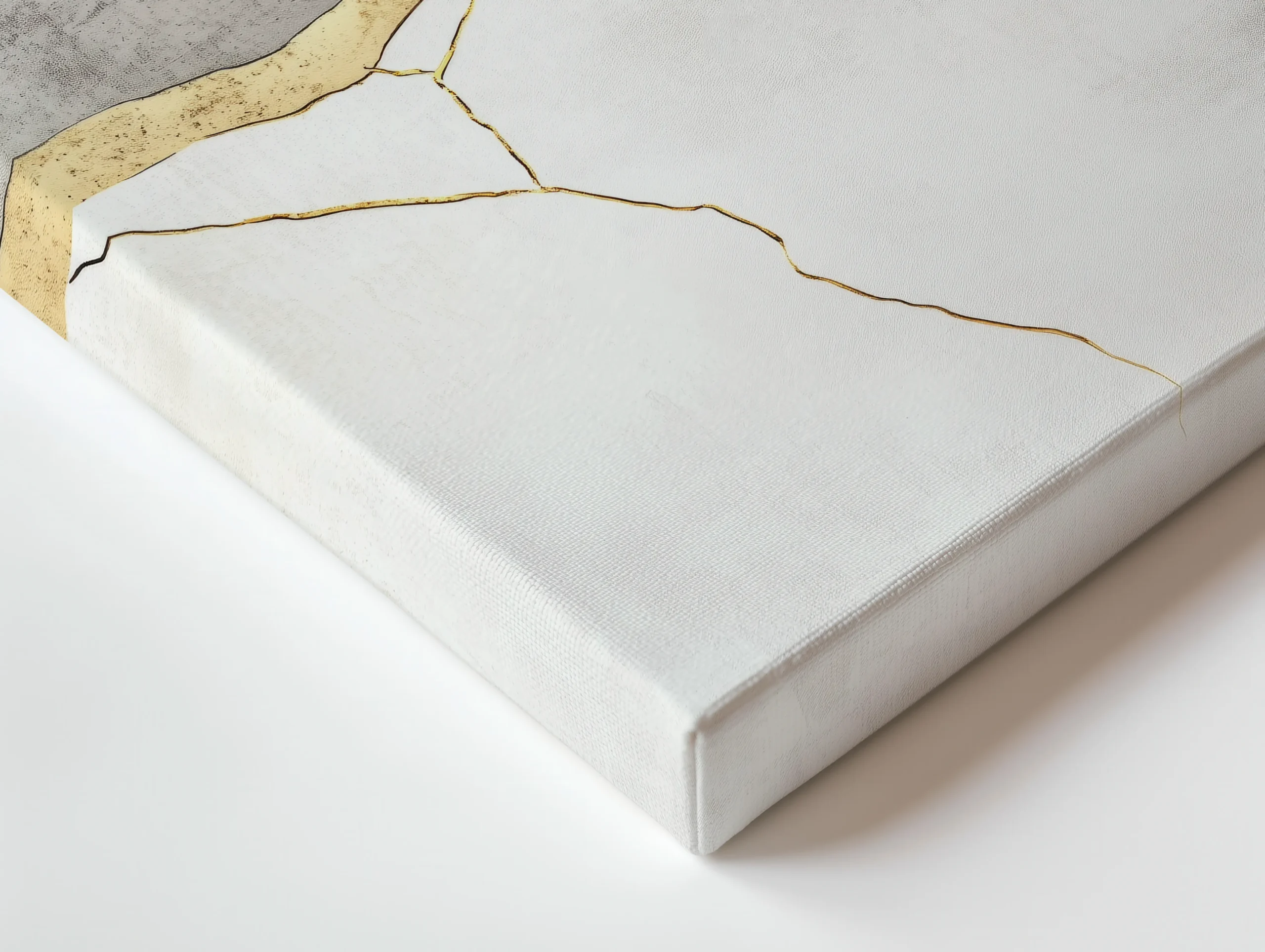 Close-up of thin canvas edge showing gray marble texture and gold kintsugi crack lines with a slim premium canvas profile.