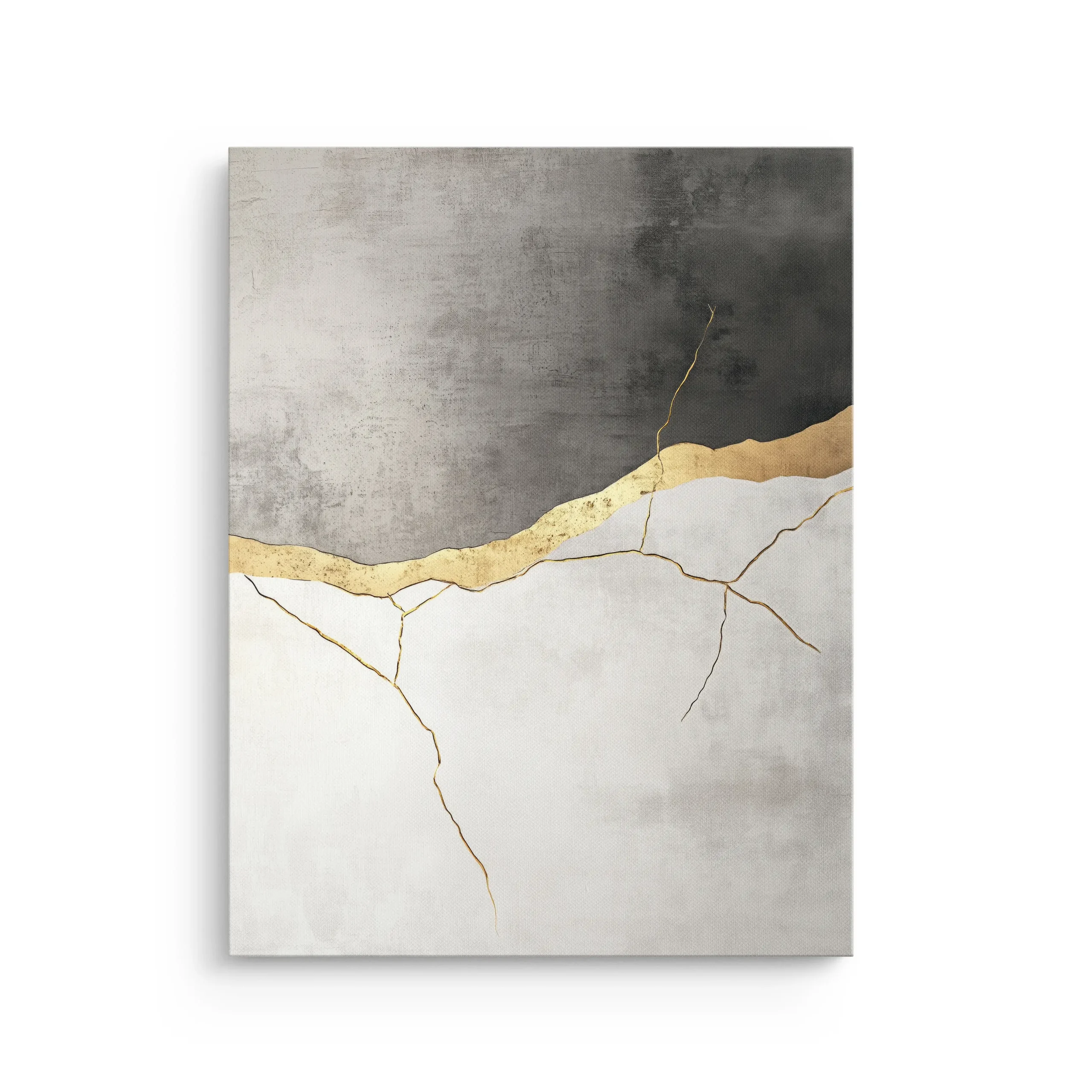 Luxury kintsugi wall art with marble-like gray and ivory textures and fine gold crack lines on a Japandi thin canvas.