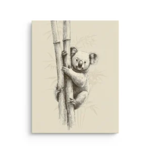 Minimal Japanese inspired koala hugging bamboo stalks in delicate ink line art on a warm ivory paper texture background on thin canvas wall art.