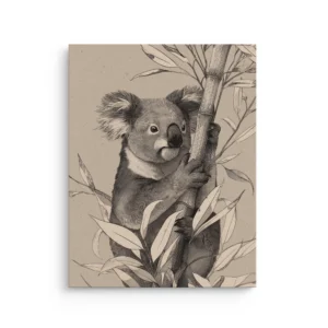Monochrome ink style koala hugging a bamboo stalk with soft botanical leaves on a warm neutral background, Japandi thin canvas wall art.