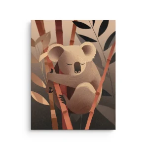Minimalist koala hugging bamboo in warm earthy tones with layered leaves on premium thin canvas wall art.