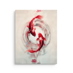 Two red koi fish swimming in circular ripples with lotus flowers, soft watercolor Japanese-inspired art on a neutral background, thin canvas wall art.