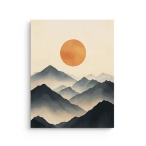 Layered misty mountain silhouettes in soft haze beneath a warm orange sun, minimalist Japandi thin canvas wall art.