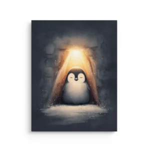 Meditating penguin sitting under a warm golden light in a snowy winter alcove, calm Japandi-style premium thin canvas wall art.
