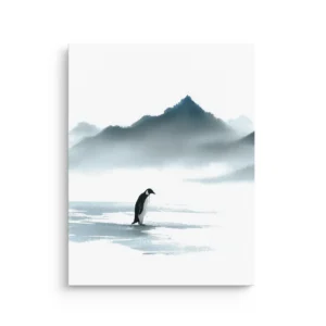 Minimal penguin standing on an icy plain with misty mountains in the background, soft blue-white Japandi thin canvas wall art.