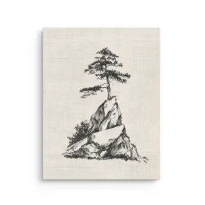 Lone pine tree on rocky mountain ink drawing minimalist zen thin canvas wall art