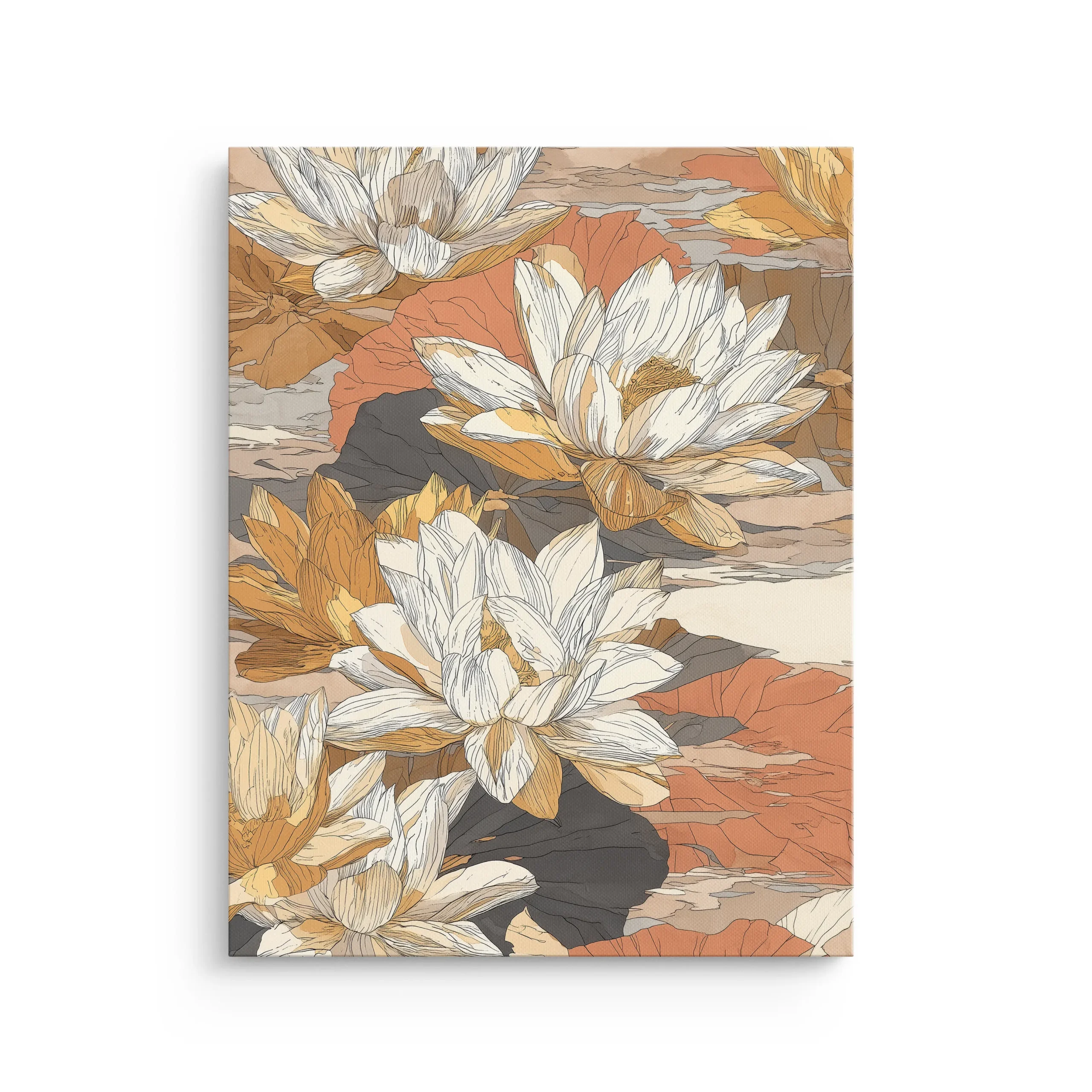 Lotus Blossom Pattern floral illustration in warm neutral tones thin canvas wall art