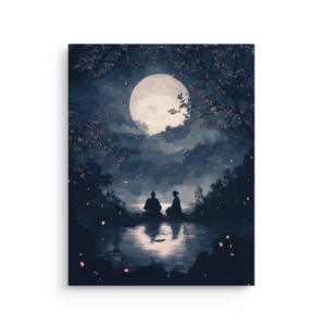 Moonlit lake scene with two silhouettes under cherry blossoms and falling petals, japandi thin canvas wall art