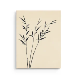 Minimalist black bamboo stems with delicate leaves on a warm beige background in a Japanese sumi e inspired Japandi style on premium thin canvas wall art.