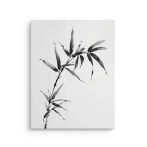Minimalist bamboo branch with soft black ink wash leaves on a clean white background in Japanese Sumi e style on premium thin canvas wall art.
