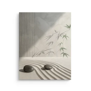 Minimalist zen garden with bamboo leaf shadows, raked sand ripples, and smooth stones, Japandi thin canvas wall art