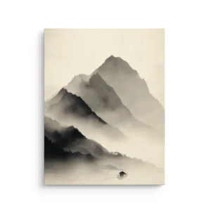 Misty Japanese ink wash mountain landscape with soft fog layers and a small hut on still water, Japandi thin canvas wall art.