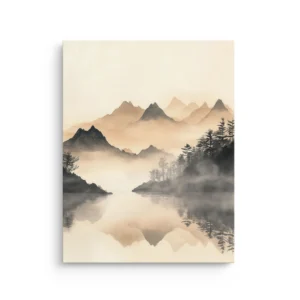 Misty mountain lake reflection with soft fog, distant peaks, and pine trees in warm beige and gray tones, Japandi thin canvas wall art.