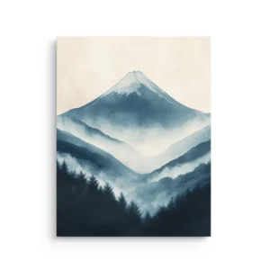 Misty blue mountain layers with a snow-capped peak above a dark pine forest, Japandi thin canvas wall art.