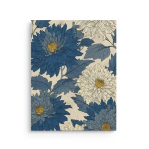 Blue and ivory chrysanthemum floral illustration on warm beige background thin canvas wall art