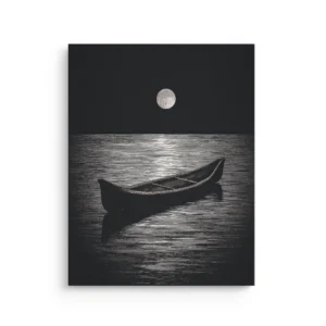 Moonlit canoe on calm water under full moon monochrome thin canvas wall art