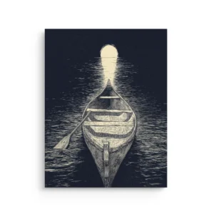 Moonlit canoe on dark water with full moon reflection thin canvas wall art