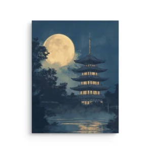 Moonlit pagoda temple under a full moon with warm window glow and misty blue landscape thin canvas wall art