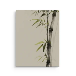 Minimalist bamboo stalk with soft green leaves in Sumi-e ink style on warm beige background, japandi thin canvas wall art