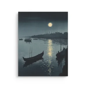 Moonlit river with boats and city silhouette ukiyo e inspired thin canvas wall art
