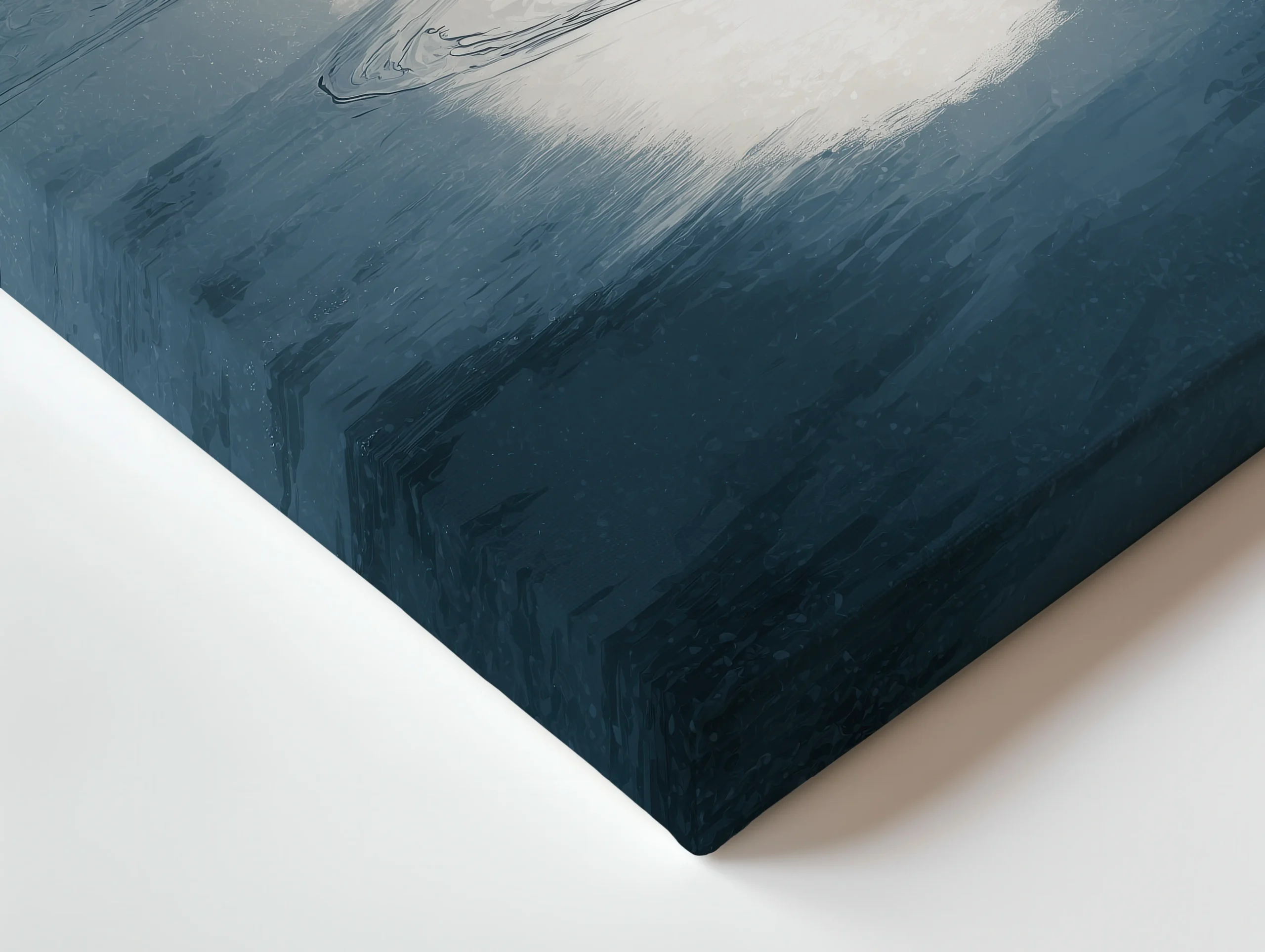 Close-up of premium thin canvas edge showing deep blue moonlit water textures and subtle ripple brushwork from a minimalist penguin winter artwork.