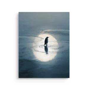 Minimal penguin standing on thin ice inside a bright moon reflection on dark blue winter water, serene Japandi thin canvas wall art.
