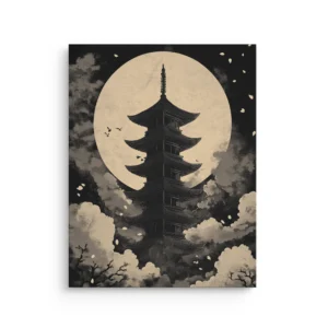 Moonlit Zen Pagoda silhouette with full moon, clouds, petals and birds thin canvas wall art