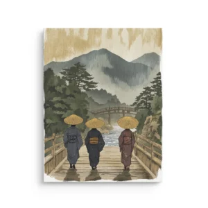 Ukiyo e style travelers crossing a wooden bridge in a misty Japanese mountain valley, Morning Walk to the Temple ukiyo-e thin canvas wall art