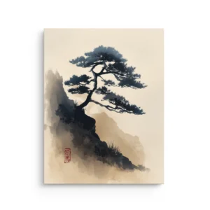 Minimal Sumi-e ink wash pine tree on a rocky mountain cliff with misty peaks and a small red seal, Japandi thin canvas wall art.