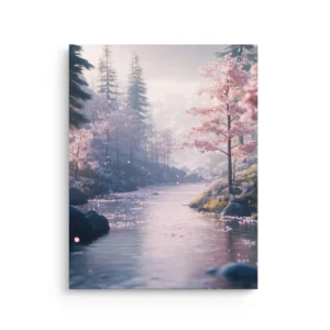 Misty cherry blossom river landscape in soft pink and blue thin canvas wall art