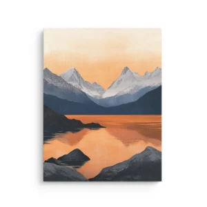 Nordic sunset landscape with layered mountains and warm orange water reflections in minimalist Scandinavian thin canvas wall art.