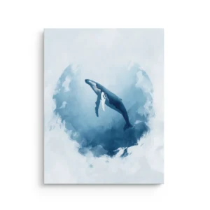Minimal humpback whale floating inside a soft blue watercolor heart on a clean white background, calming Japandi ocean thin canvas wall art.