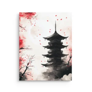 Japanese pagoda with cherry blossoms and falling red petals in ink wash style thin canvas wall art