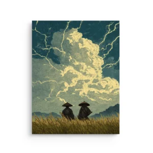 Before the Storm Samurai Watchers Ukiyo e scene with lightning cloud over grassy field thin canvas wall art